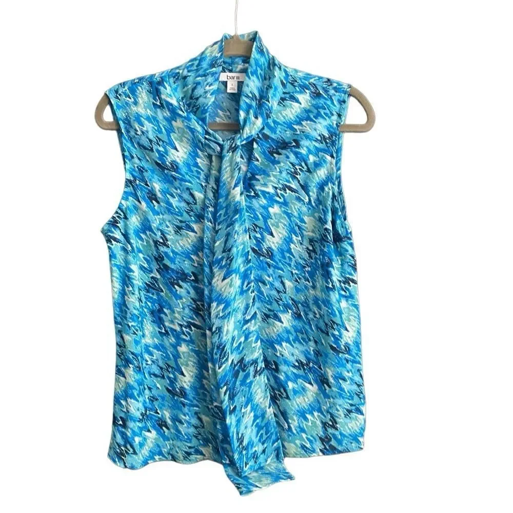 NWOT Bar III Sleeveless Blue Print Blouse with Neck Tie. Size Large. - Picture 1 of 8